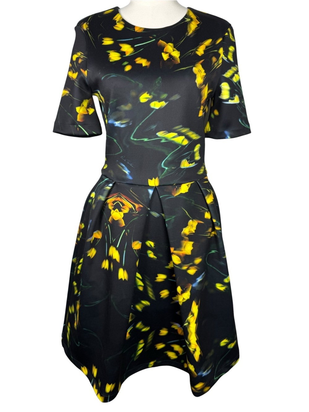 Pink Tartan Fit Flare Cocktail Dress Black Yellow Floral Pleated M